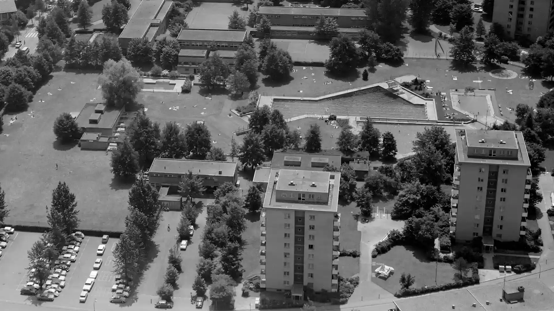 Aufnahme 1973: Luegisland, Zürich. Unten rechts, zwei der drei Punkthäuser. Im Hintergrund das Freibad Auhof.